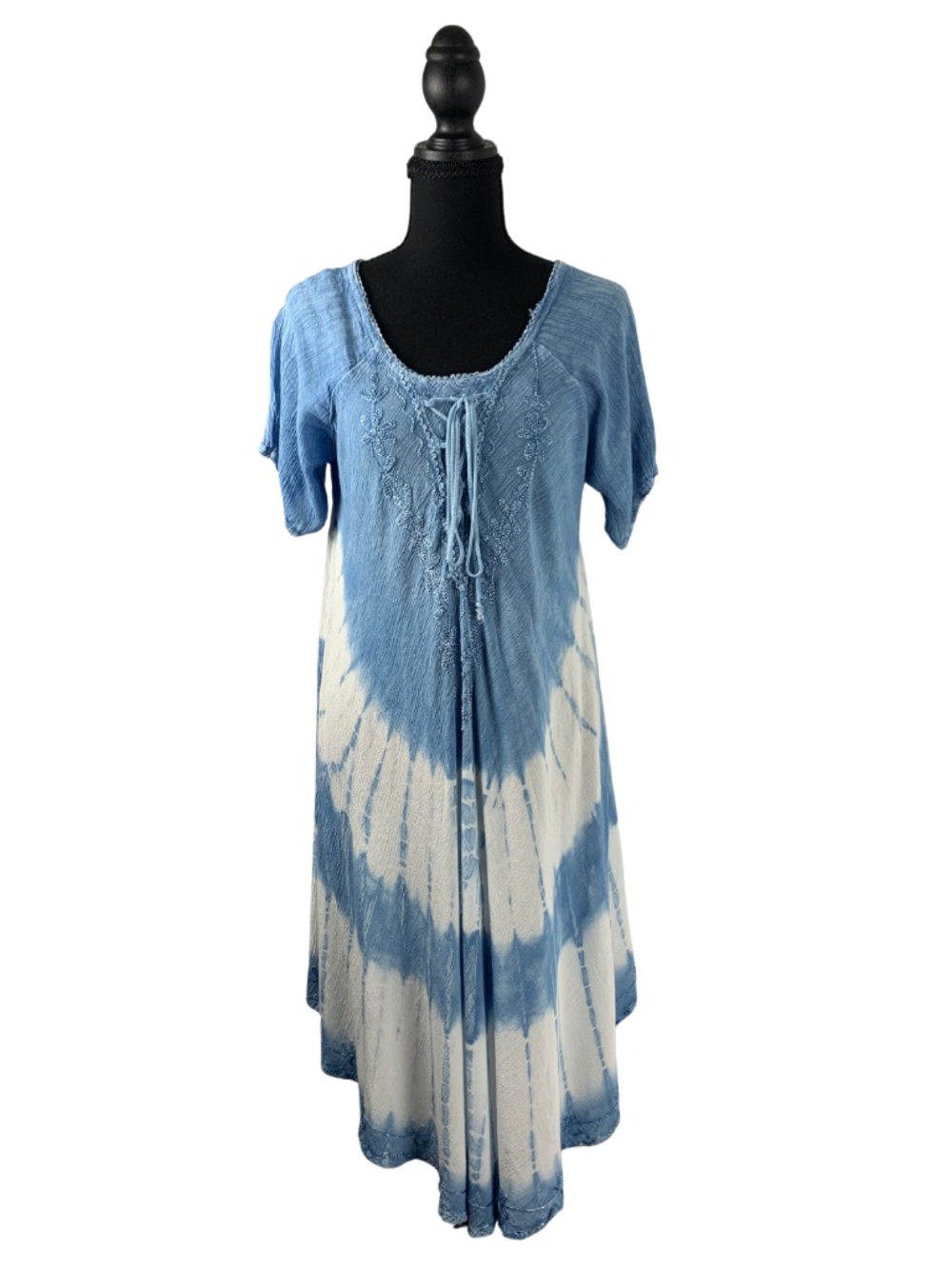 Raya Sun Blue White Chambray Lace Up Tie Dye Dress Women's L Hippie Boho Chic